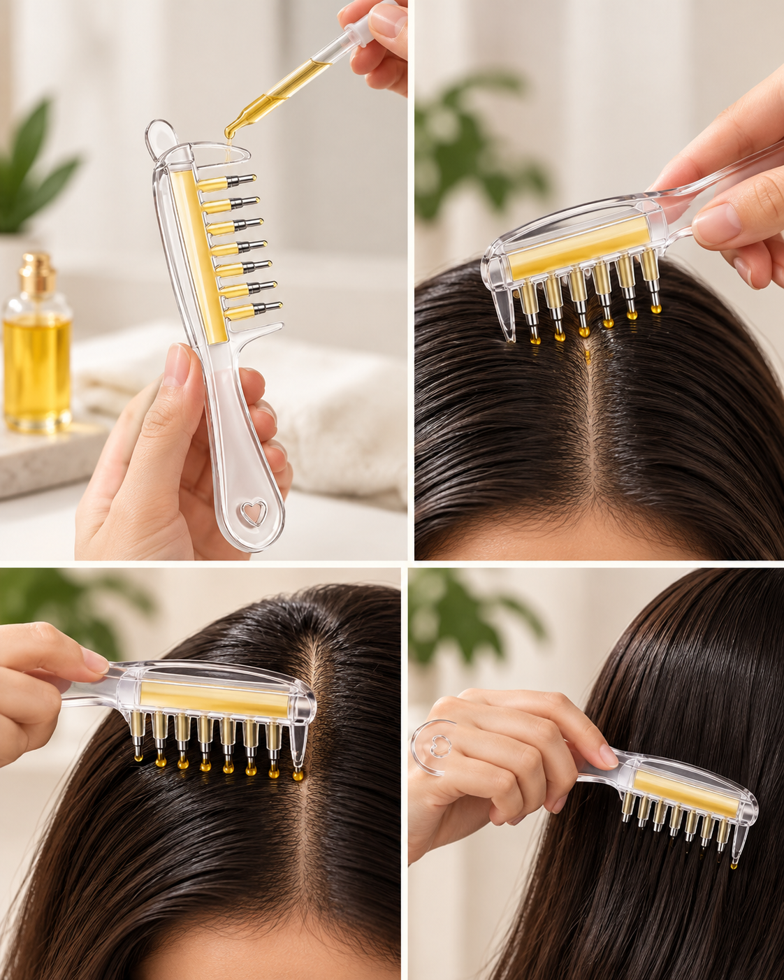 Oil applicator comb being used on the scalp