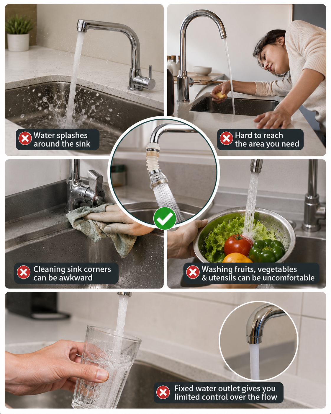 Water splashing from a fixed kitchen faucet