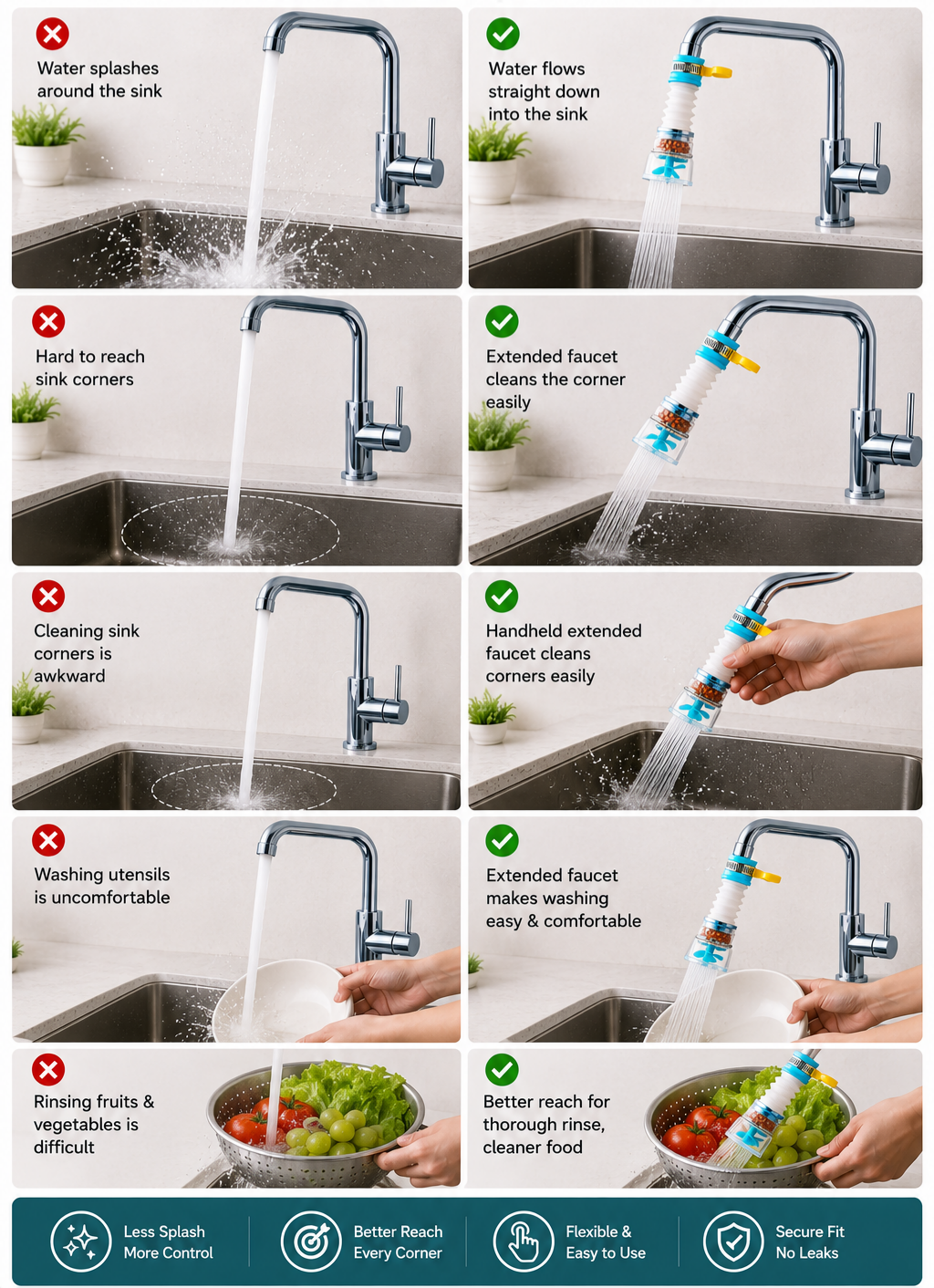 Before and after using the FlexiFlow faucet extender