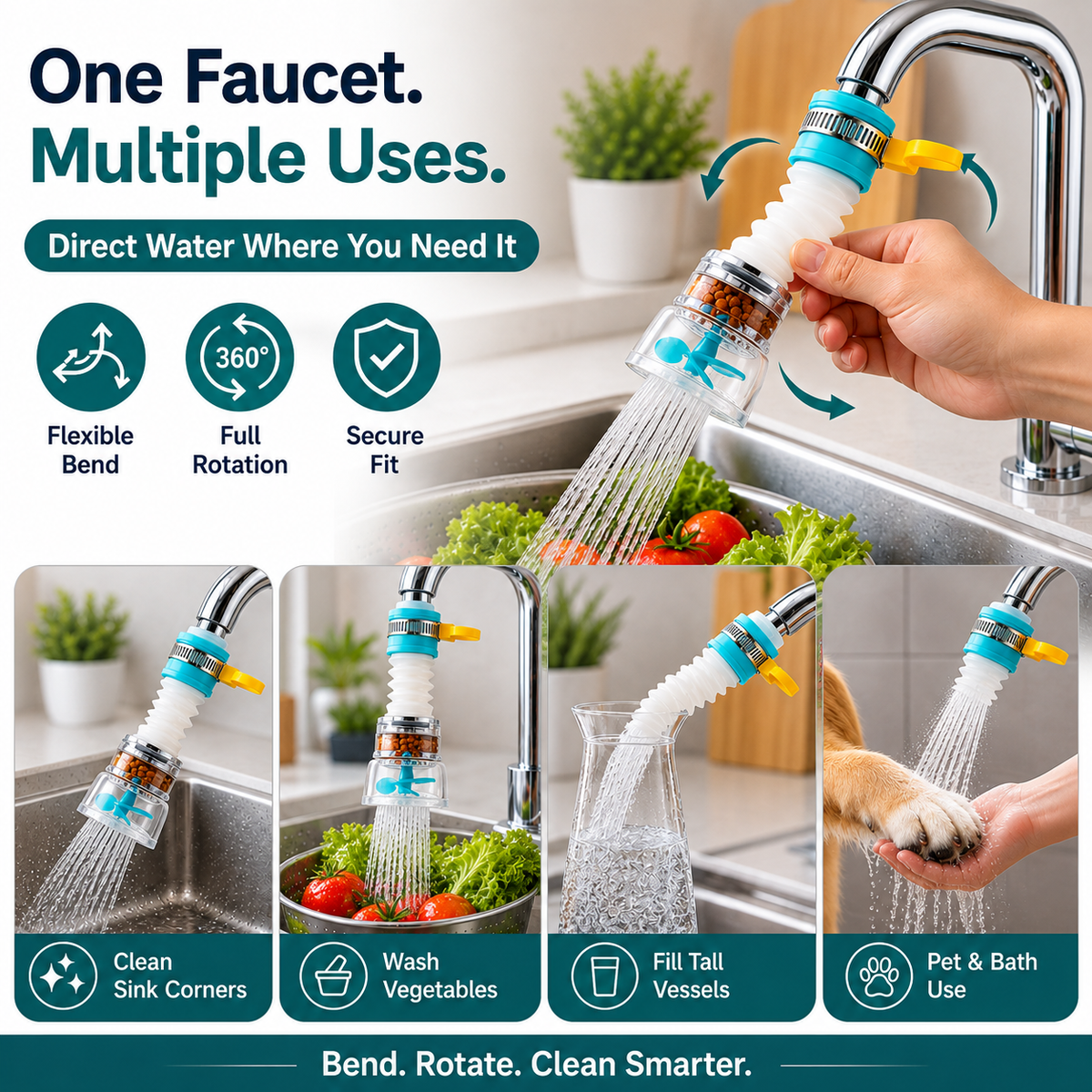FlexiFlow faucet extender in use at a kitchen sink