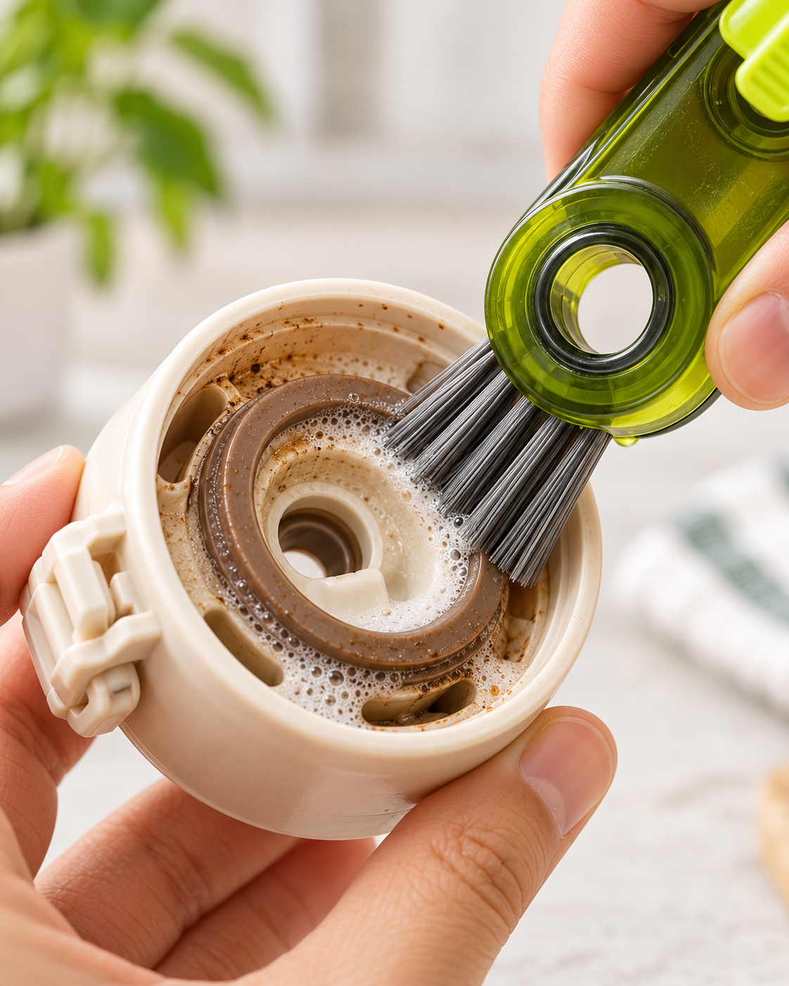 Multipurpose brush cleaning hard-to-reach bottle grooves
