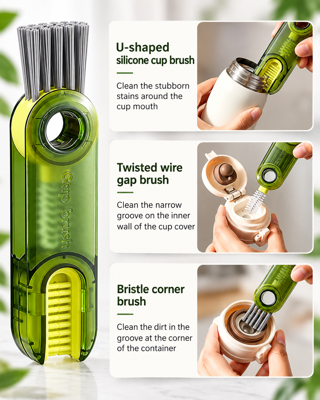 Lime-green 3-in-1 cleaning brush used on bottles, cups and narrow corners